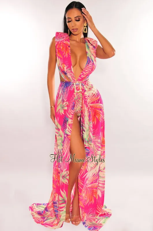 Fuchsia Tropical Print Plunge Studded Maxi Skirt Two Piece Set sold by Hot Miami Styles