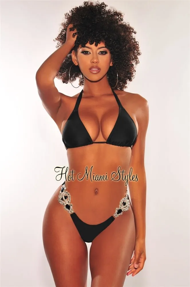 Black Tie Up Padded Jeweled Scrunch Butt Bikini Top sold by Hot Miami Styles