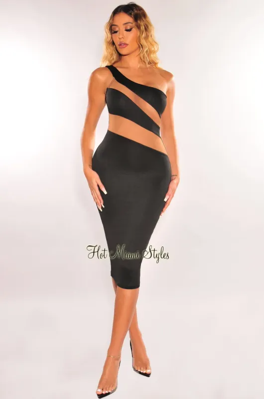Black Nude Mesh Illusion One Shoulder Dress sold by Hot Miami Styles