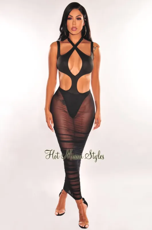 Black Halter Cut Out Mesh Ruched Dress sold by Hot Miami Styles