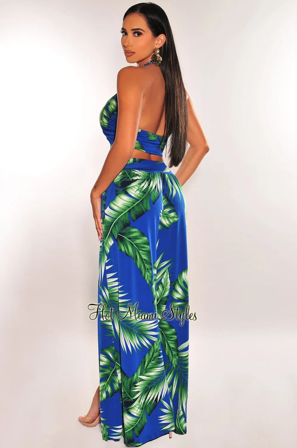 Blue Green Tropical Print Criss Cross Wrap Halter Palazzo Jumpsuit sold by Hot Miami Styles product image thumbnail 2