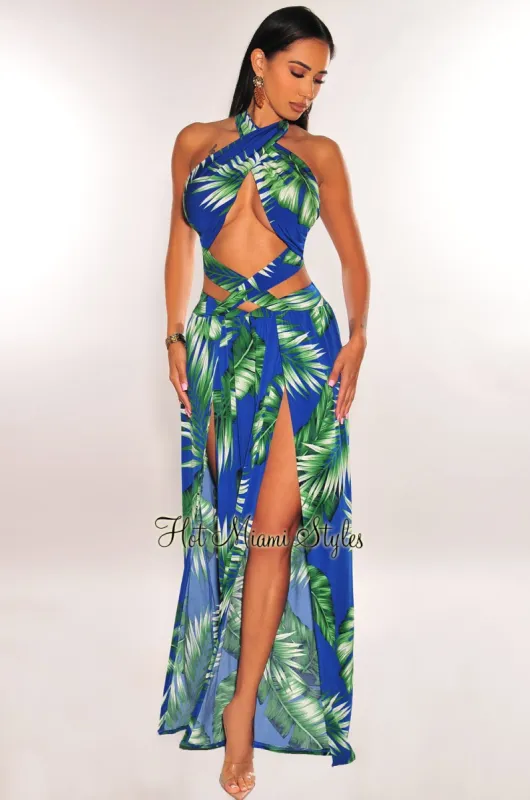 Blue Green Tropical Print Criss Cross Wrap Halter Palazzo Jumpsuit sold by Hot Miami Styles