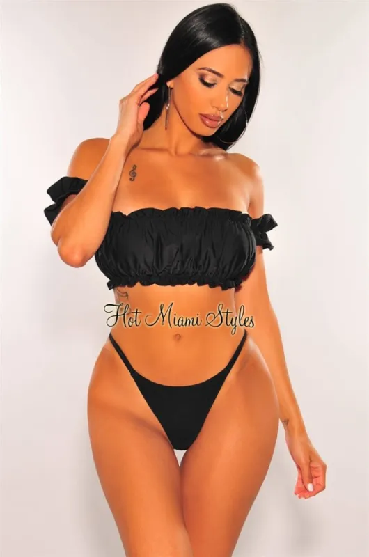 Black Off Shoulder Ruffle Scrunch Butt Bikini Top sold by Hot Miami Styles
