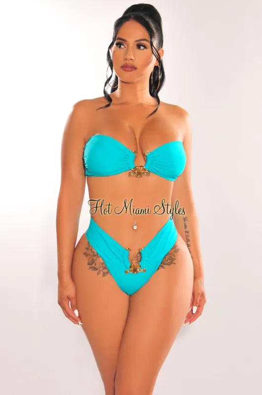 Jade Padded Bandeau Gold Ring High Cut Bikini Bottom sold by Hot Miami Styles