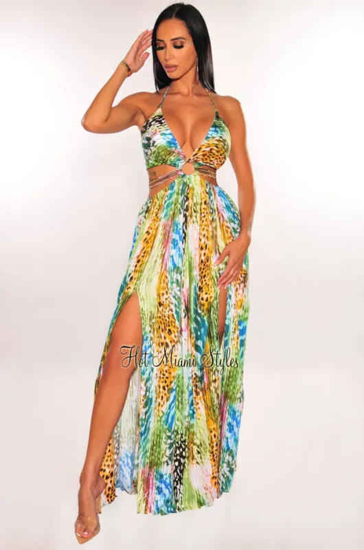 Multi Color Print Padded O-Ring Gold Belted Cut Out Double Slit Maxi Dress sold by Hot Miami Styles