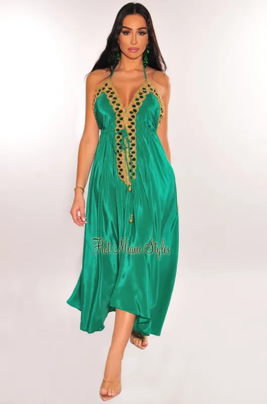 Emerald Gold Gold Halter Embellished Drawstring Maxi Dress sold by Hot Miami Styles