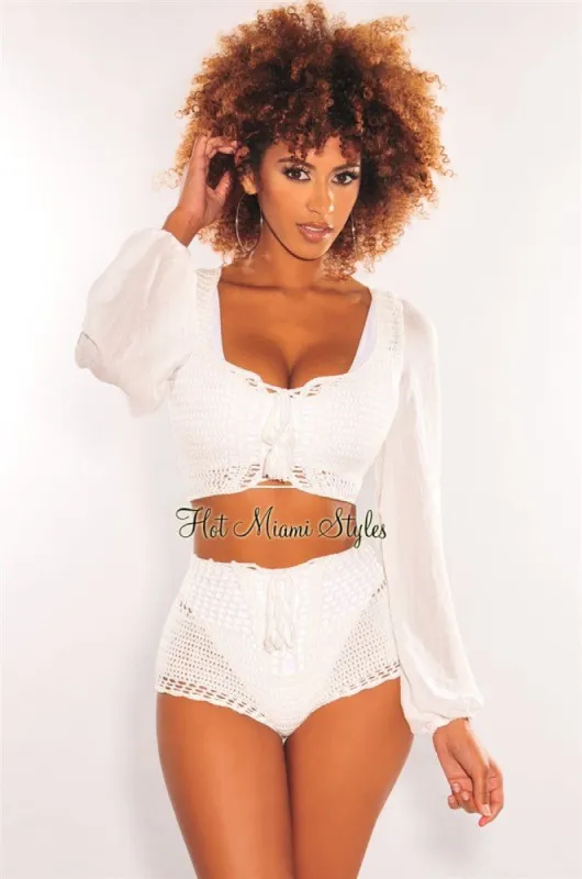 White Crochet Lace Up Long Sleeves Shorts Two Piece Set Cover Up sold by Hot Miami Styles