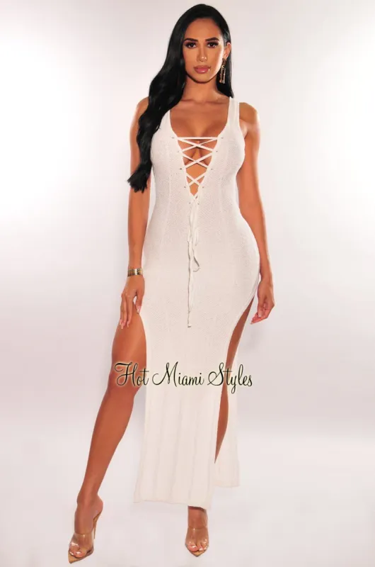 White Crochet Sleeveless Lace Up Double Slit Cover Up Dress sold by Hot Miami Styles