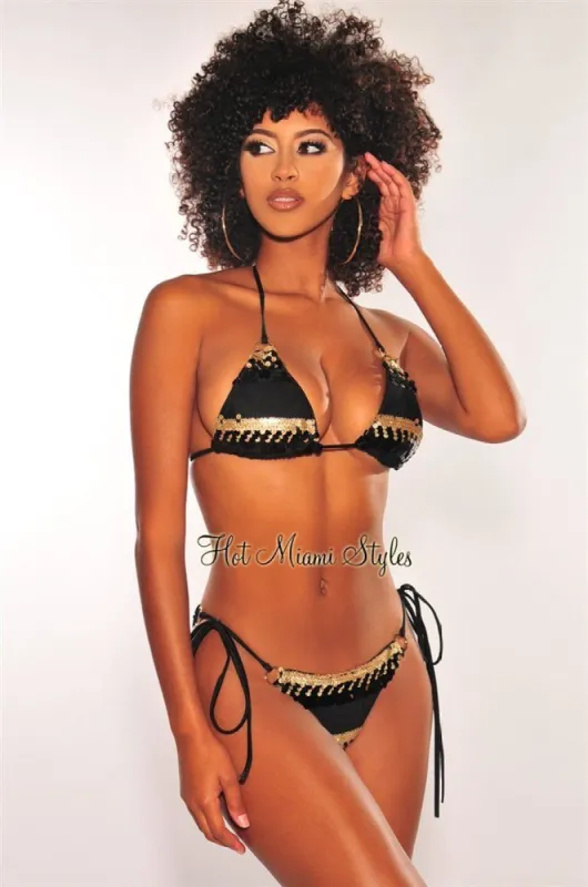 Black Gold Sequins O-Ring Scrunch Butt Bikini sold by Hot Miami Styles