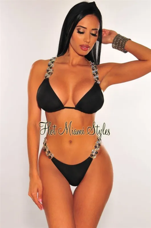 Black Jeweled Tie Up Padded Bikini Top sold by Hot Miami Styles