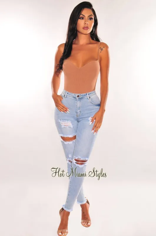 Light Wash Denim Distressed Frayed Hem Skinny Jeans sold by Hot Miami Styles