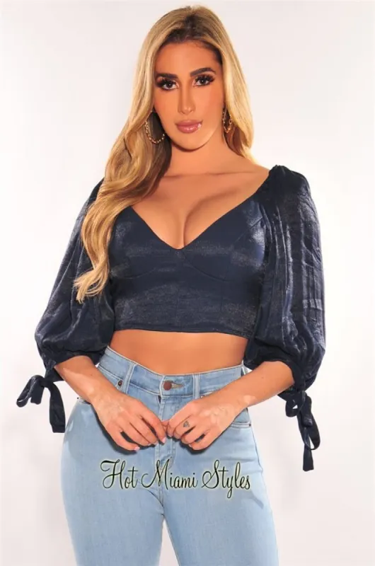 Navy Padded Long Sleeve Cut Out Tie Up Back Bustier Crop Top sold by Hot Miami Styles