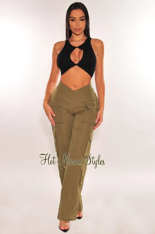 Olive Green V Cut Waist Cargo Wide Leg Pants sold by Hot Miami Styles