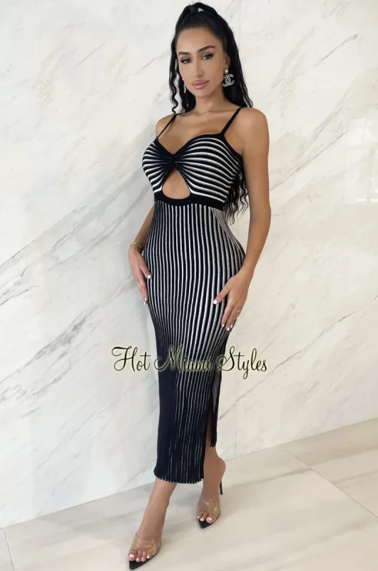 Black White Ribbed Knit Spaghetti Strap Knotted Cut Out Double Slit Dress sold by Hot Miami Styles