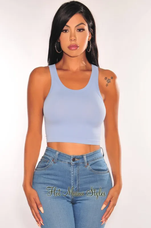 HMS ESSENTIAL: Dusty Blue Ribbed Seamless Sleeveless Crop Top sold by Hot Miami Styles