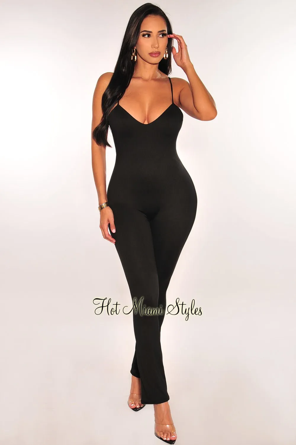 Black Spaghetti Strap V Neck Open Back Slit Jumpsuit sold by Hot Miami Styles product image thumbnail 3