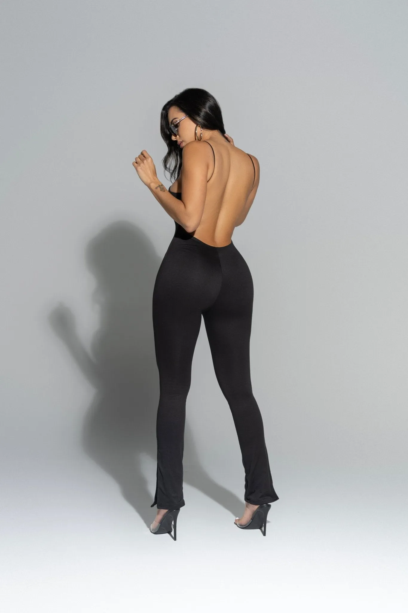 Black Spaghetti Strap V Neck Open Back Slit Jumpsuit sold by Hot Miami Styles product image thumbnail 4