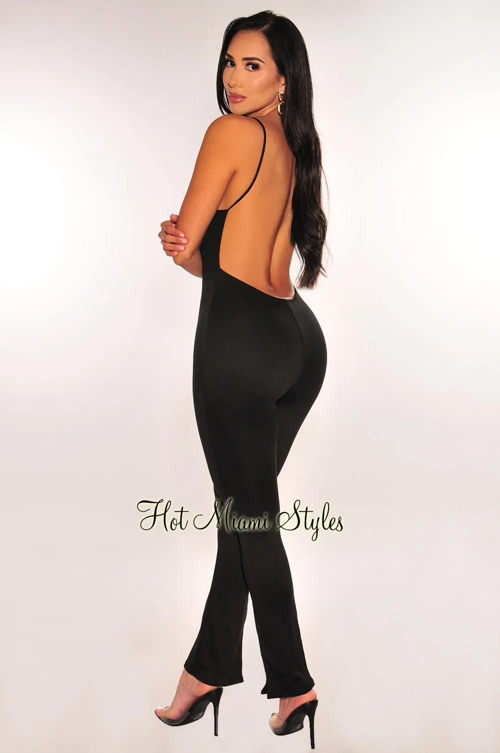 Black Spaghetti Strap V Neck Open Back Slit Jumpsuit sold by Hot Miami Styles