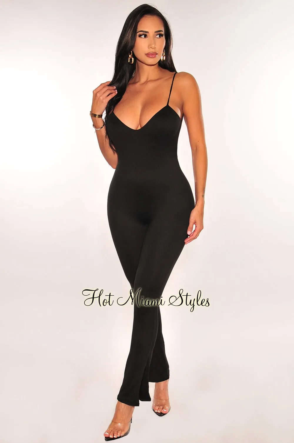 Black Spaghetti Strap V Neck Open Back Slit Jumpsuit sold by Hot Miami Styles product image thumbnail 2