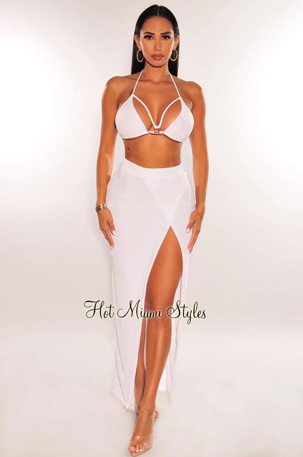 White Gold Ring Triangle Top Slit Skirt Two Piece Set sold by Hot Miami Styles