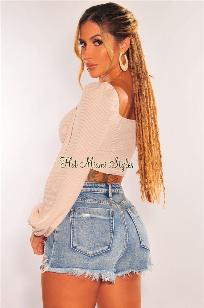 Cream Ribbed Knit Padded Ruched Long Sleeve Crop Top sold by Hot Miami Styles product image thumbnail 2