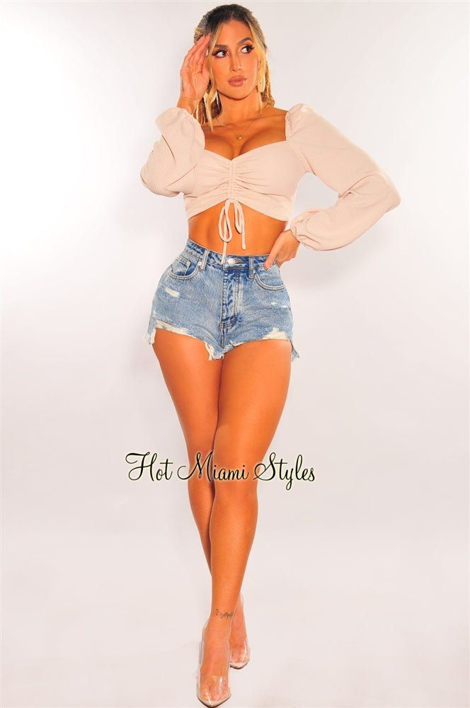 Cream Ribbed Knit Padded Ruched Long Sleeve Crop Top sold by Hot Miami Styles product image thumbnail 3