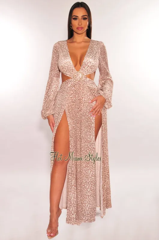 Nude Leopard Print Pearl O-Ring Cut Out Long Sleeves Double Slit Maxi Dress sold by Hot Miami Styles