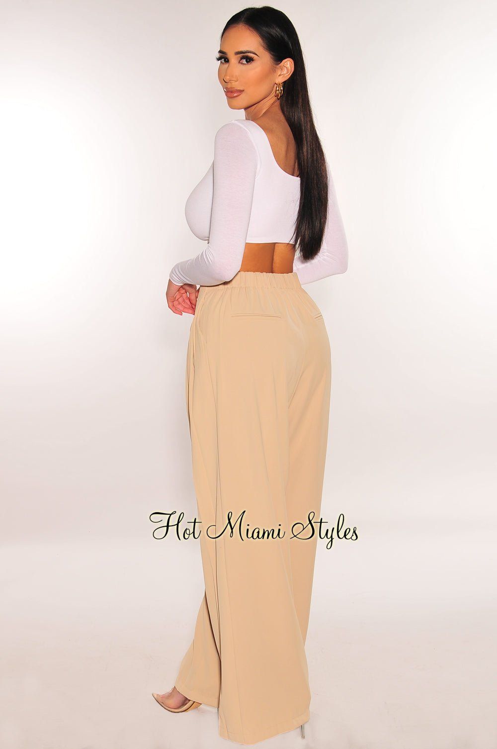 Mocha High Waist Pleated Wide Leg Pants sold by Hot Miami Styles product image thumbnail 2