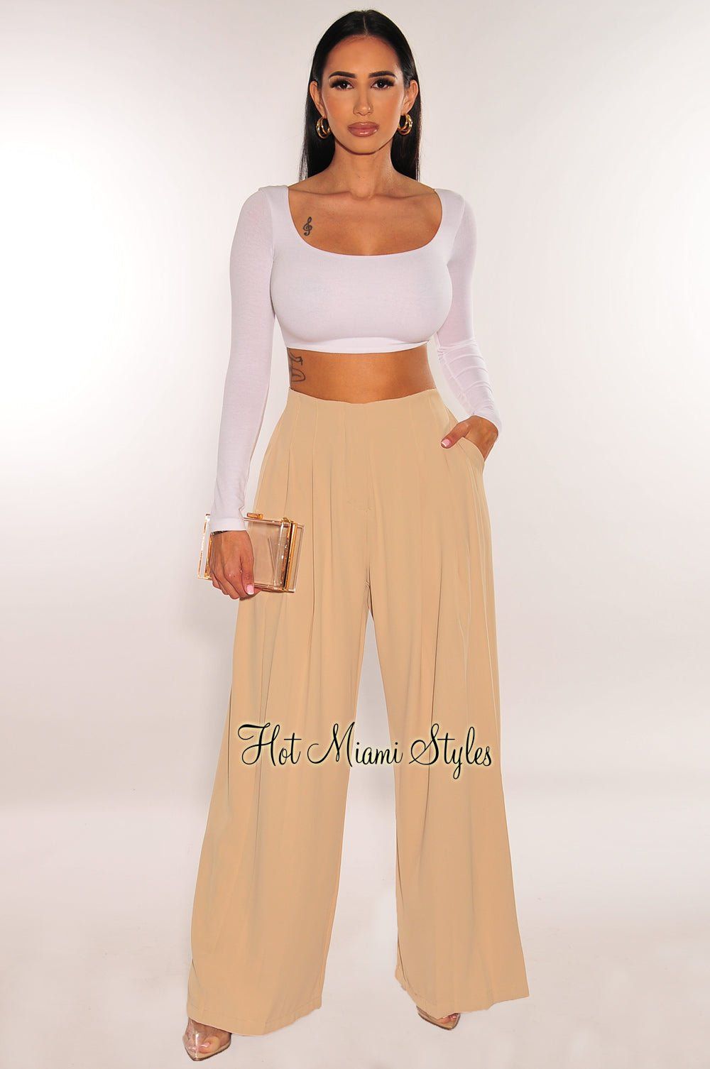 Mocha High Waist Pleated Wide Leg Pants sold by Hot Miami Styles