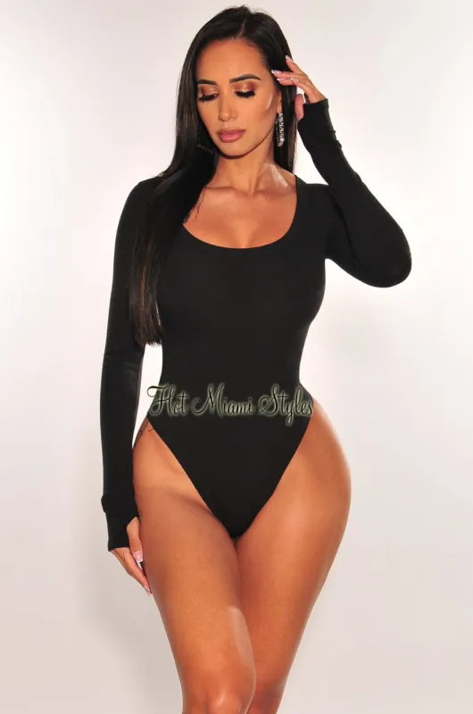 HMS Essential: Black Ribbed Round Neck Long Sleeves Bodysuit made by Hot Miami Styles