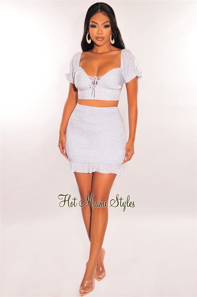 Blue Floral Print Lace Up Smocked Skirt Two Piece Set sold by Hot Miami Styles product image thumbnail 3