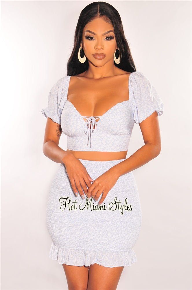 Blue Floral Print Lace Up Smocked Skirt Two Piece Set sold by Hot Miami Styles