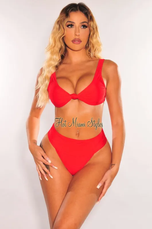 Red Knotted Sleeveless High Rise Bikini Top sold by Hot Miami Styles