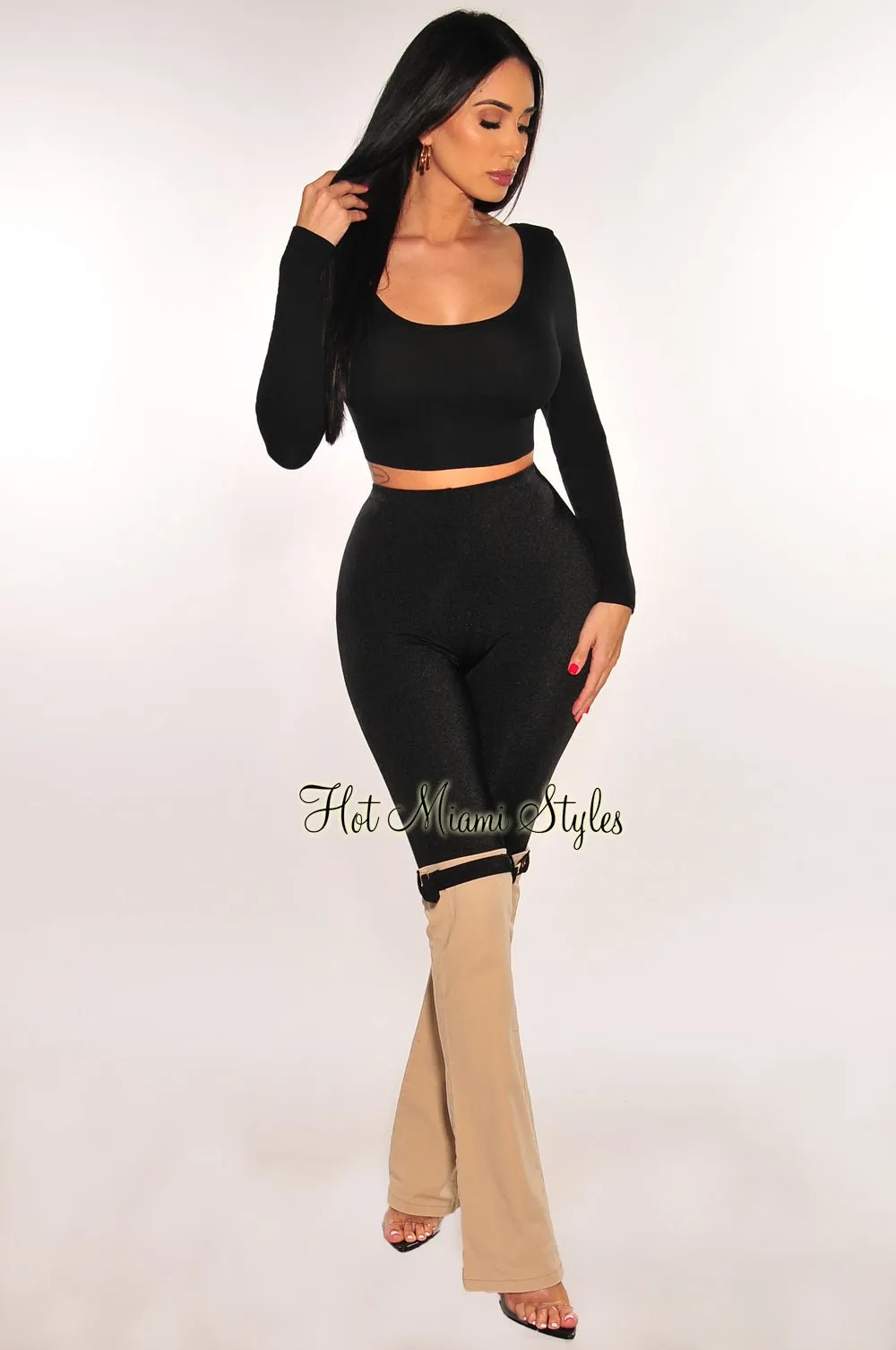 Nude High Waist Hybrid Buckle Strap Flared Pants sold by Hot Miami Styles