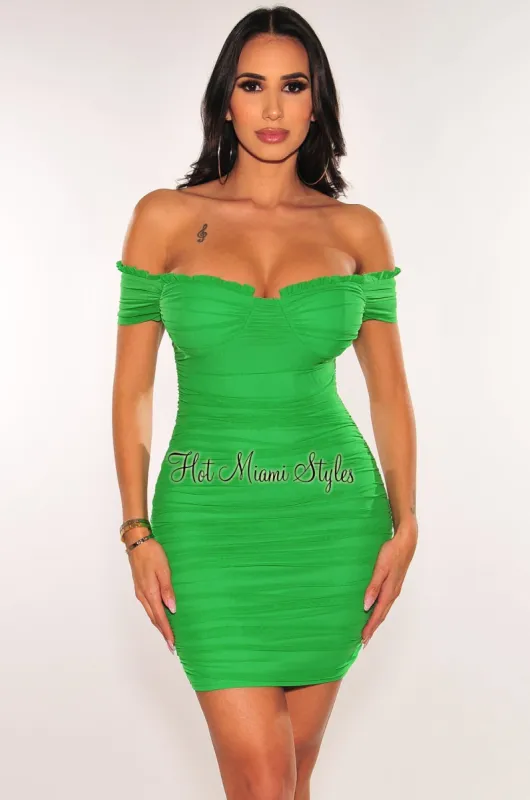Green Mesh Padded Off Shoulder Ruched Dress sold by Hot Miami Styles