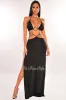 Black Halter Silver O-Ring Strappy Double Slit Maxi Skirt Two Piece Set sold by Hot Miami Styles