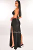 Black Halter Silver O-Ring Strappy Double Slit Maxi Skirt Two Piece Set sold by Hot Miami Styles