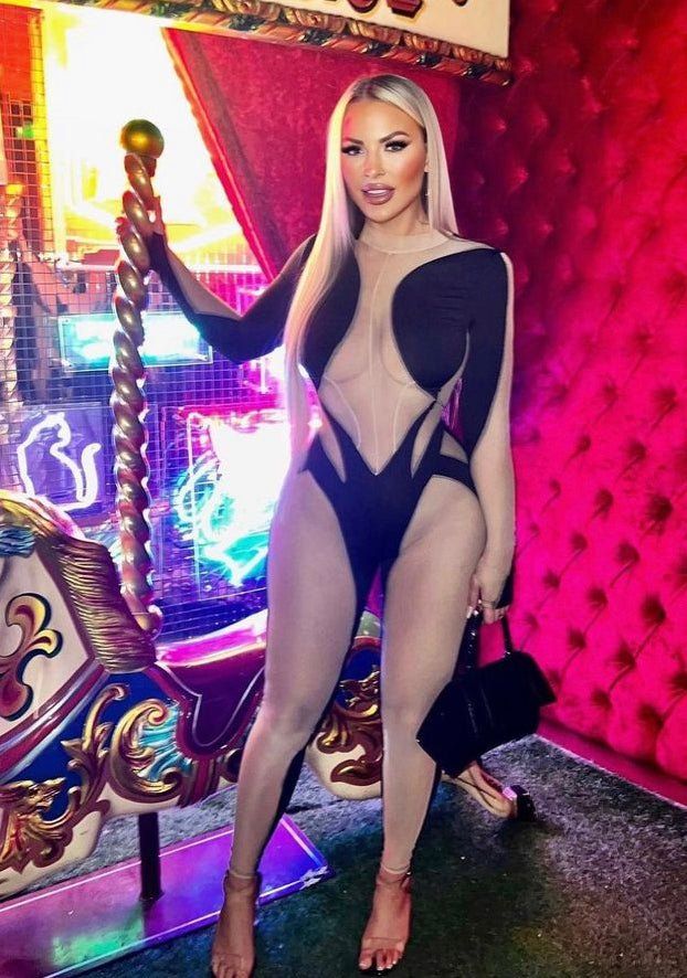 Black Mock Neck Nude Sheer Mesh Long Sleeve Jumpsuit sold by Hot Miami Styles product image thumbnail 3