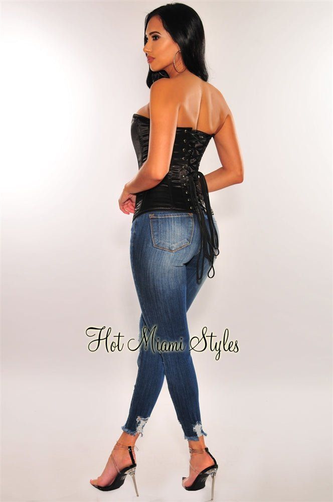 Black Satin Boned Zipper Corset Top sold by Hot Miami Styles product image thumbnail 4
