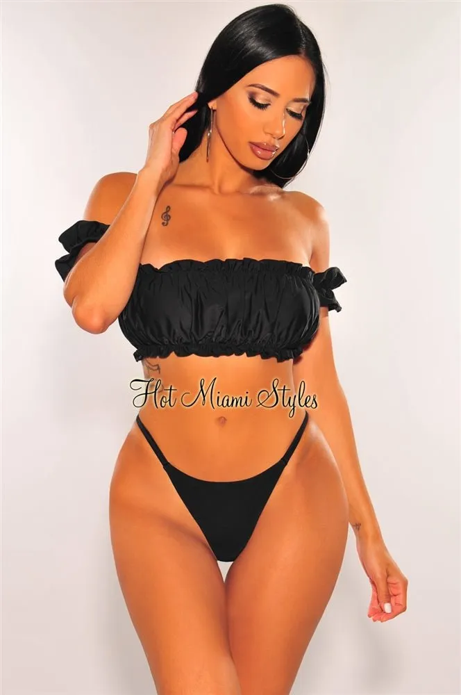 Black Off Shoulder Ruffle Scrunch Butt Bikini sold by Hot Miami Styles