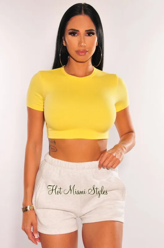 HMS Essential: Yellow Round Neck Short Sleeves Crop Top sold by Hot Miami Styles