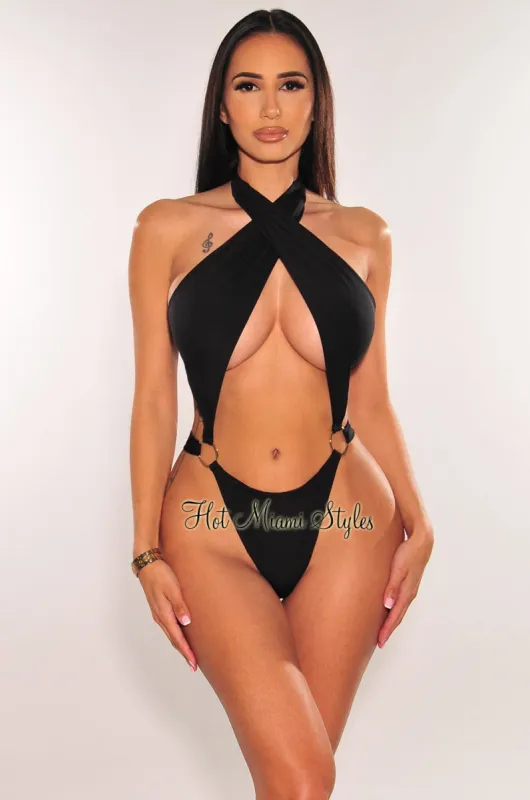 Black Criss Cross Tie Up Cut Out O Ring High Cut Swimsuit sold by Hot Miami Styles