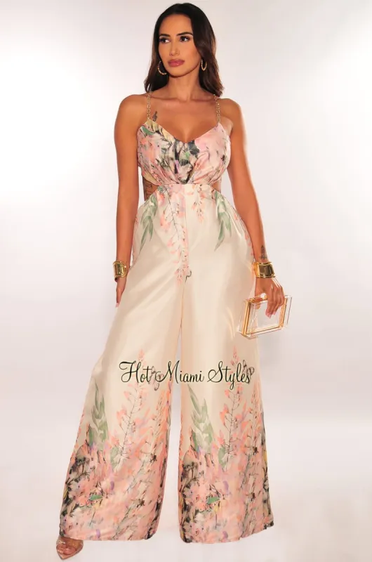 Ivory Floral Print Chain Strap Cut Out Palazzo Jumpsuit sold by Hot Miami Styles