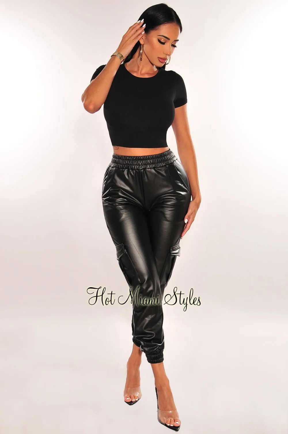 Black Faux Leather Cargo Jogger Pants sold by Hot Miami Styles