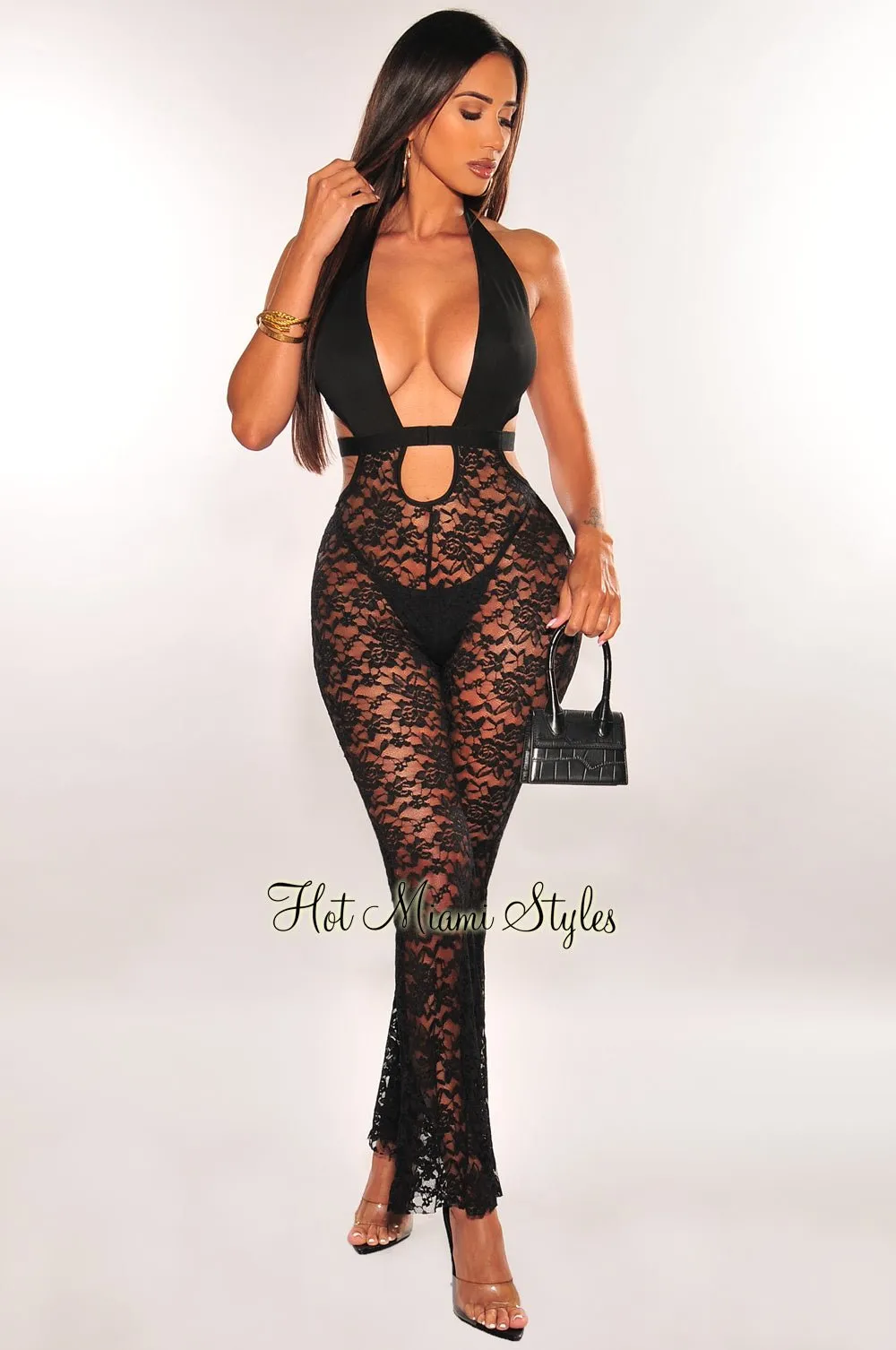 Black Lace Halter Cut Out Strappy Flared Jumpsuit sold by Hot Miami Styles