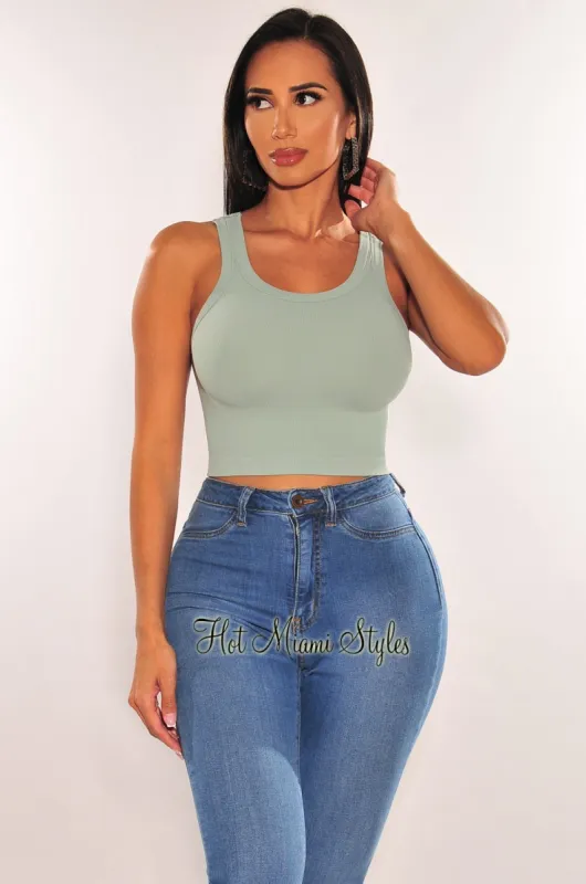HMS ESSENTIAL: Sage Ribbed Seamless Sleeveless Crop Top sold by Hot Miami Styles