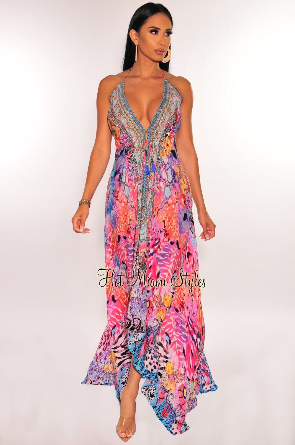 Multi Color Print Rhinestone Drawstring Halter Maxi Dress sold by Hot Miami Styles product image thumbnail 2