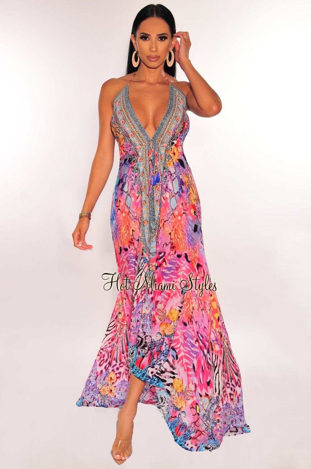 Multi Color Print Rhinestone Drawstring Halter Maxi Dress sold by Hot Miami Styles