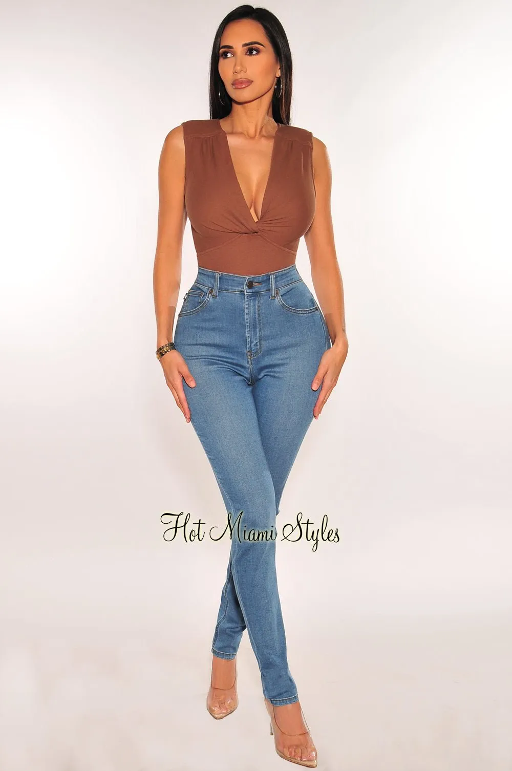Mocha Ribbed Sleeveless V Neck Knotted Open Back Bodysuit sold by Hot Miami Styles product image thumbnail 3
