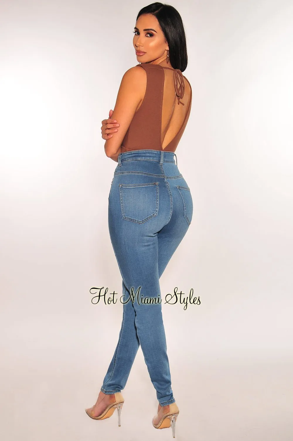 Mocha Ribbed Sleeveless V Neck Knotted Open Back Bodysuit sold by Hot Miami Styles product image thumbnail 4